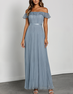 Blue Gray Off Shoulder Ruffled Pleated Chiffon Maxi Dress