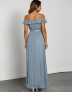 Blue Gray Off Shoulder Ruffled Pleated Chiffon Maxi Dress