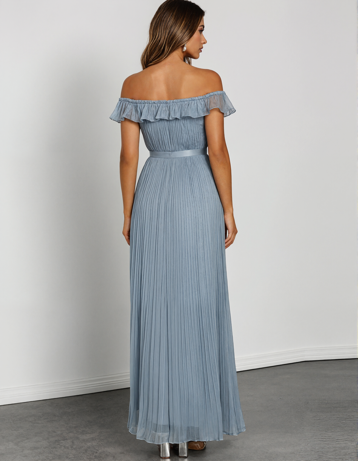 Blue Gray Off Shoulder Ruffled Pleated Chiffon Maxi Dress