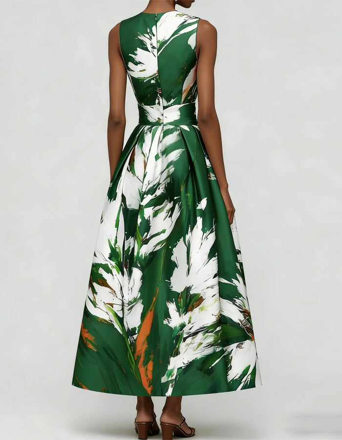 Dark Green Artistic Floral Print Sleeveless Fitted Waist Flared  Maxi Dress