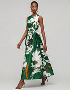 Dark Green Artistic Floral Print Sleeveless Fitted Waist Flared  Maxi Dress