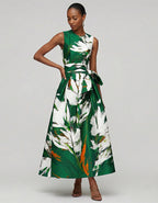 Dark Green Artistic Floral Print Sleeveless Fitted Waist Flared  Maxi Dress
