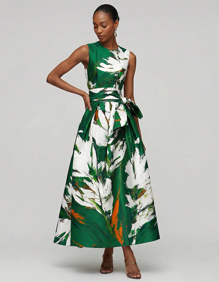 Dark Green Artistic Floral Print Sleeveless Fitted Waist Flared  Maxi Dress