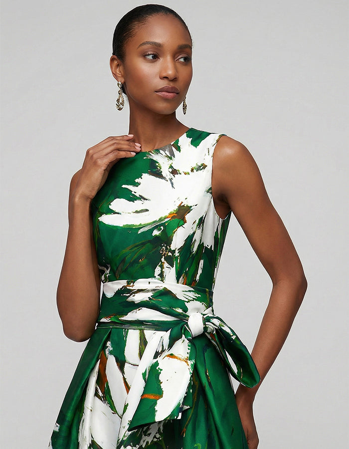 Dark Green Artistic Floral Print Sleeveless Fitted Waist Flared  Maxi Dress
