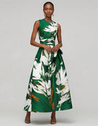 Dark Green Artistic Floral Print Sleeveless Fitted Waist Flared  Maxi Dress