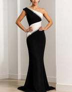 Black And White Color Blocking Off Shoulder Sequins Maxi Dress