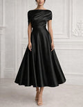 Solid Color Satin Fitted Waist Full Midi Dress