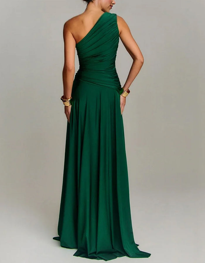 Solid Color Satin Off Shoulder Pleated Hem Maxi Dress