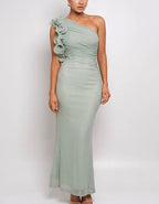 Solid Color Slanted Shoulder 3D Flower Fishtail Maxi Dress