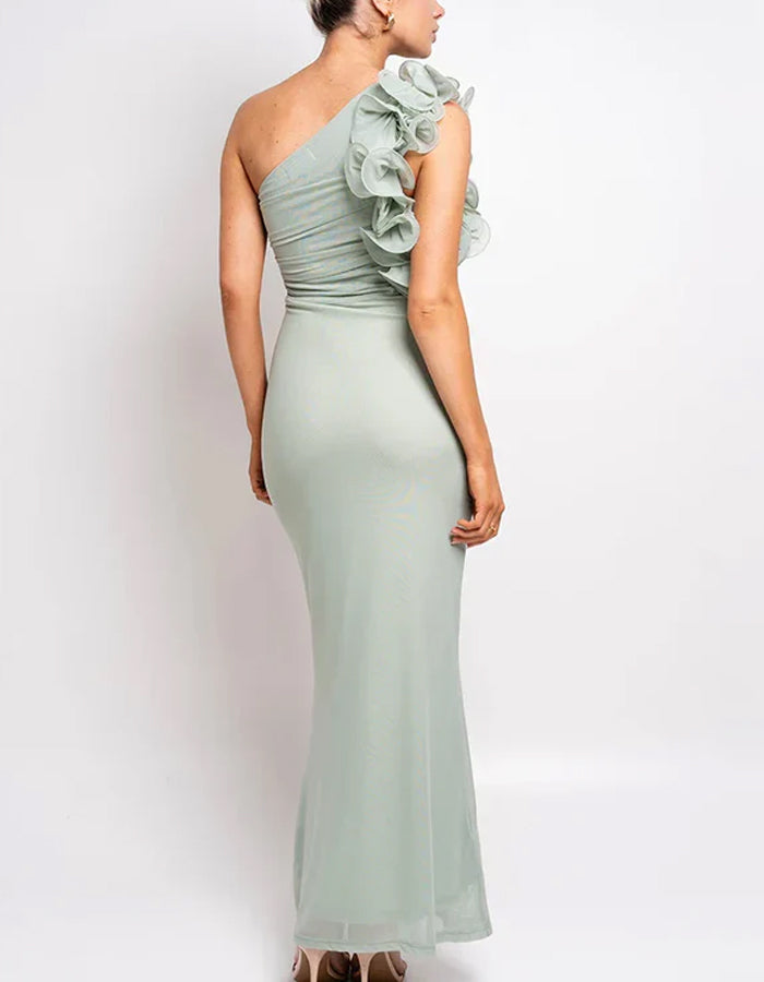 Solid Color Slanted Shoulder 3D Flower Fishtail Maxi Dress