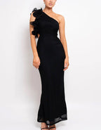Solid Color Slanted Shoulder 3D Flower Fishtail Maxi Dress