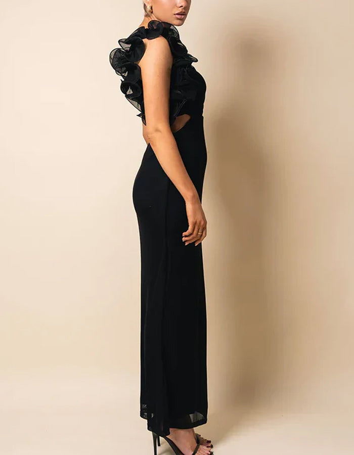 Solid Color Slanted Shoulder 3D Flower Fishtail Maxi Dress