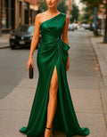 Green Satin One Shoulder Twisted Fishtail Maxi Dress