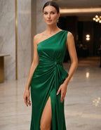 Green Satin One Shoulder Twisted Fishtail Maxi Dress