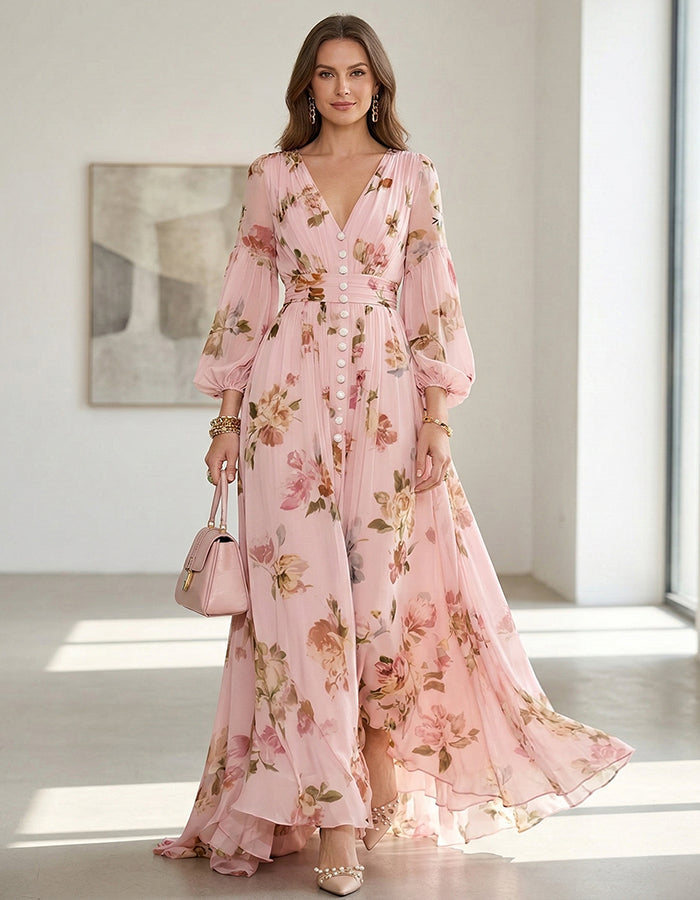 Floral Print Chiffon With Pink Foundation And Lantern Sleeves Maxi Dress