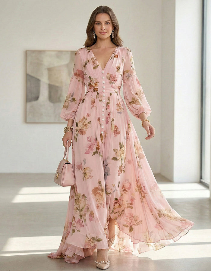 Floral Print Chiffon With Pink Foundation And Lantern Sleeves Maxi Dress