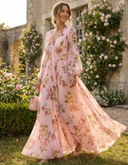 Floral Print Chiffon With Pink Foundation And Lantern Sleeves Maxi Dress