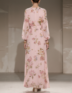 Floral Print Chiffon With Pink Foundation And Lantern Sleeves Maxi Dress