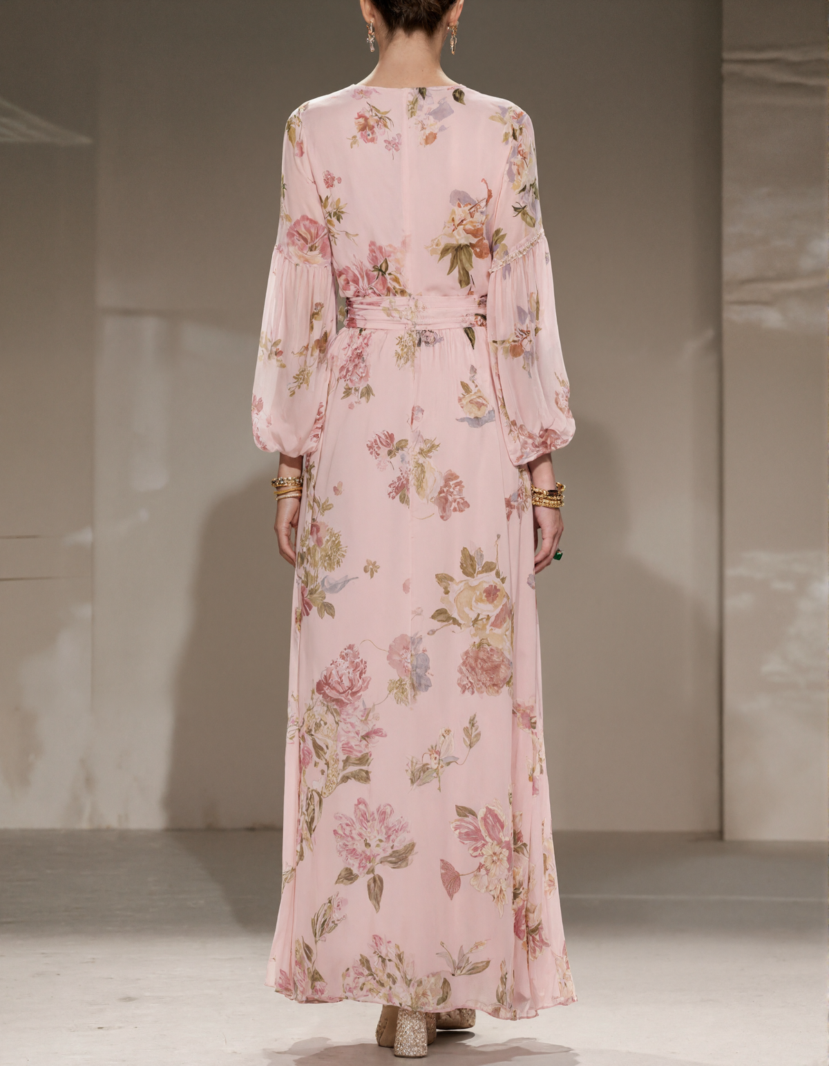 Floral Print Chiffon With Pink Foundation And Lantern Sleeves Maxi Dress