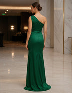 Green Satin One Shoulder Twisted Fishtail Maxi Dress