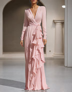 Pink Draped Chiffon V-Neck Long Sleeves With Ruffles Maxi Dress