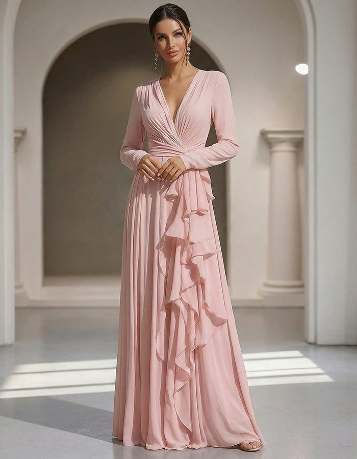 Pink Draped Chiffon V-Neck Long Sleeves With Ruffles Maxi Dress