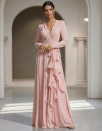 Pink Draped Chiffon V-Neck Long Sleeves With Ruffles Maxi Dress