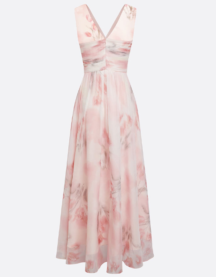 Light Pink Watercolor Floral V-Neck Chiffon Maxi Dress