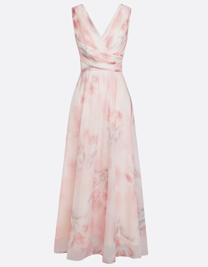 Light Pink Watercolor Floral V-Neck Chiffon Maxi Dress