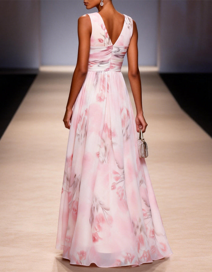 Light Pink Watercolor Floral V-Neck Chiffon Maxi Dress