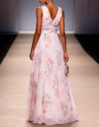 Light Pink Watercolor Floral V-Neck Chiffon Maxi Dress
