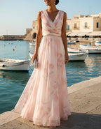Light Pink Watercolor Floral V-Neck Chiffon Maxi Dress