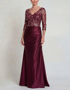 Solid Color Sequined Lace Spliced Satin Fishtail Maxi Dress
