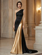 Black And Gold Color Blocked Satin One Shoulder Fishtail Maxi Dress