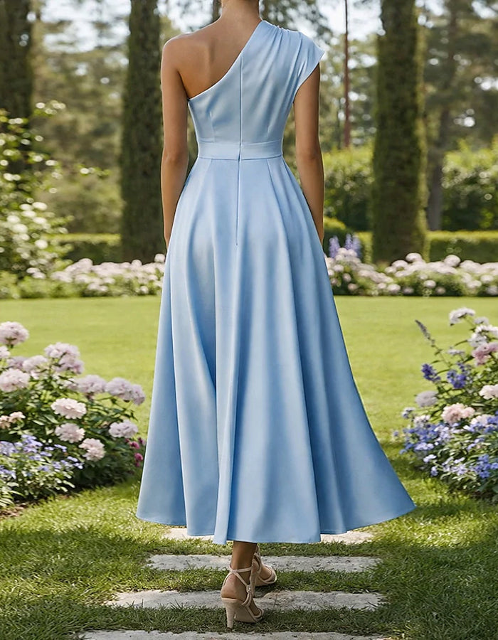 Solid Color Satin One Shoulder Tie Up Maxi Dress