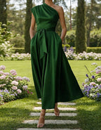 Solid Color Satin One Shoulder Tie Up Maxi Dress