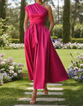 Solid Color Satin One Shoulder Tie Up Maxi Dress