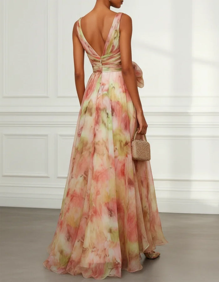 Tie Dye Chiffon V-Neck With Slit Maxi Dress