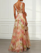 Tie Dye Chiffon V-Neck With Slit Maxi Dress