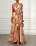 Tie Dye Chiffon V-Neck With Slit Maxi Dress