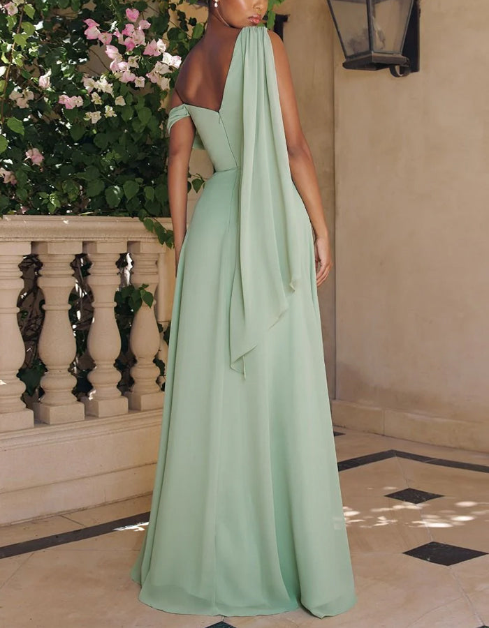 Solid Color Chiffon One Shoulder Ribbon Maxi Dress