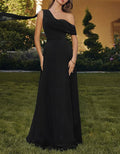 Solid Color Chiffon One Shoulder Ribbon Maxi Dress