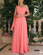 Solid Color Chiffon One Shoulder Ribbon Maxi Dress