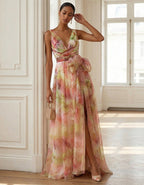 Tie Dye Chiffon V-Neck With Slit Maxi Dress