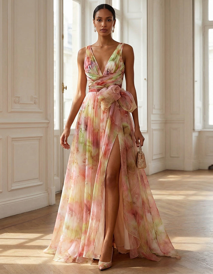 Tie Dye Chiffon V-Neck With Slit Maxi Dress