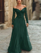 Solid Color Lace Off Shoulder Long Sleeve Maxi Dress