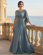 Blue Gray Draped Fabric With One Shoulder Twist Maxi Dress