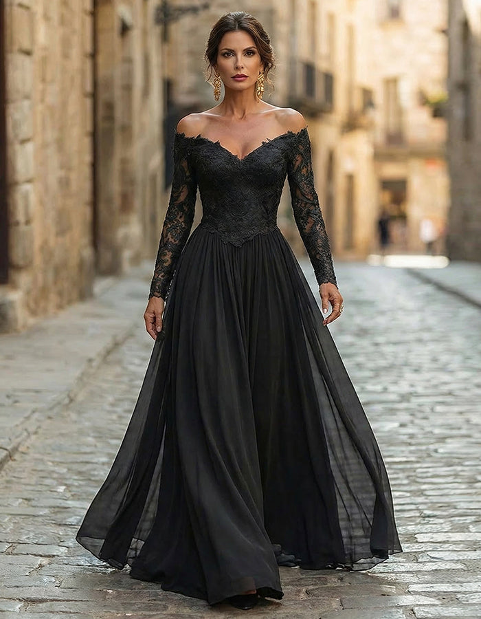 Solid Color Lace Off Shoulder Long Sleeve Maxi Dress