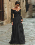 Solid Color Lace Off Shoulder Long Sleeve Maxi Dress