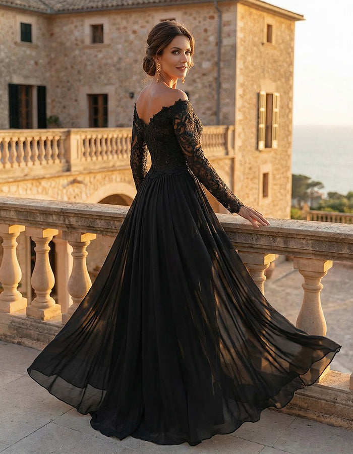 Solid Color Lace Off Shoulder Long Sleeve Maxi Dress